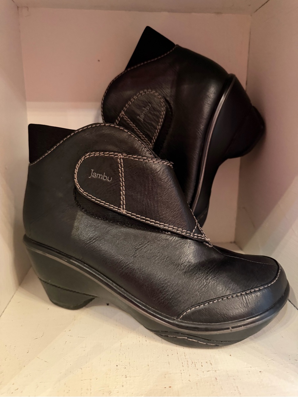 Jambu Black Leather Wedge Ankle Boots